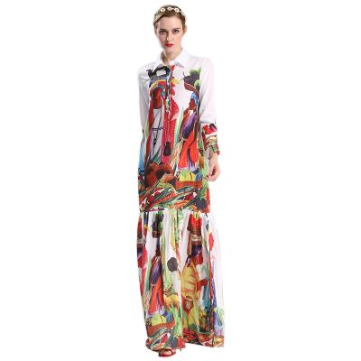 China Summer Vacation Anti-static Style Factory Price Long Sleeve Character Printing Plus Size Bohemian Chiffon Maxi Dress for sale