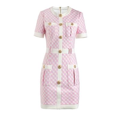 China Anti-Wrinkle Designer Luxury Short Sleeve European High Street Plaid Pattern Buttons Pockets Mini Pink Dress Women Straight for sale