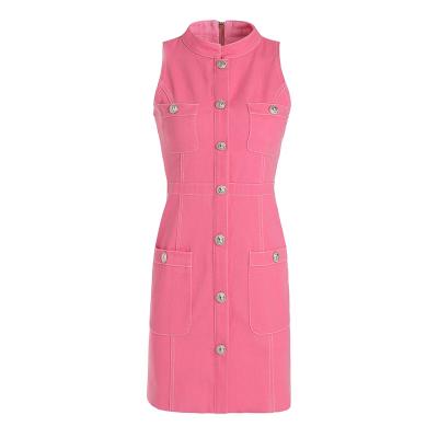 China Hot anti-static summer popular sleeveless denim pink high street quality straight short tank dress for sale