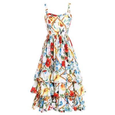 China Women Summer Holiday Style Viable European Sleeve Spagetti Tie Up Layers Midi Beach Romantic Floral Printing Luxury Dress for sale