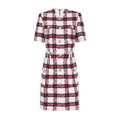 China Autumn Design Woven Casual Lady Short Sleeve Plaid Clothing Anti-wrinkle Women Tweed Bodycon Dress Thick Fabric y2k for sale