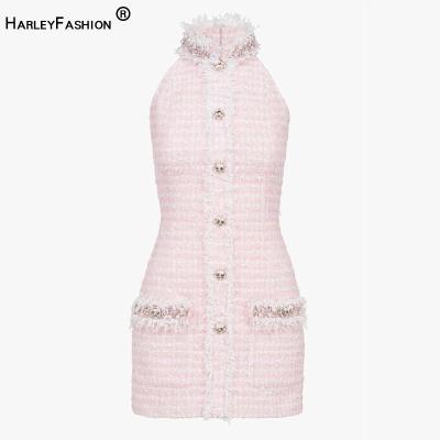 China Lady Backless Bodycon Mini Dresses Rhinestone Rhinestone Rose Tweed Dress Tassel Diamonds Buttons Dry Cleaning Women Dress for sale