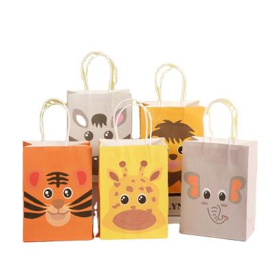 China Recyclable Animal Theme Cute Animal Theme Square Bottom Paper Gift Bag Birthday Gift Bag Tiger Lion Candy Cartoon Kids Animal Paper Recyclable With Handle for sale