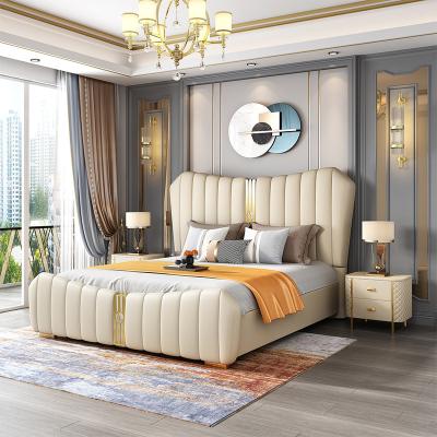 China Luxury White Genuine Leather Faux Leather Tufted Headboard Upholstered Bed Sofa Bed Queen King Bed Frame Cream for sale