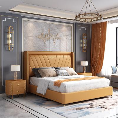 China Italian Modern Light Luxury Sofa Bed Design Wooden King Bed Frame Bedroom Leather Double Bed for sale