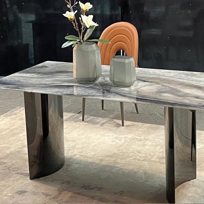 China Italian High End Minimalist Dining Table Lighted Gray Slate Stainless Steel Dining Table Set Fixed for sale