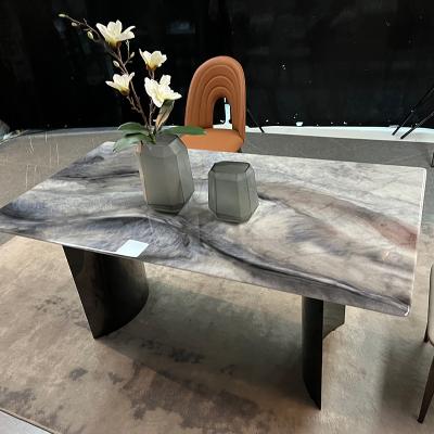 China 3d marble slate restaurant dining table fixed italian rectangular countertop light luxury dining table for sale