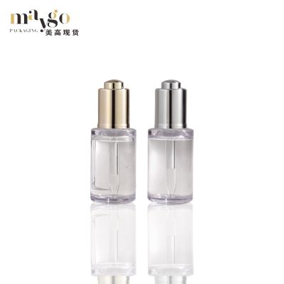 China Cosmetic Stock Empty Round Shape PETG 30ml Transparent Plastic Dropper Bottle For Serum Dropper Cosmetic Packaging Bottles For Skin Care for sale