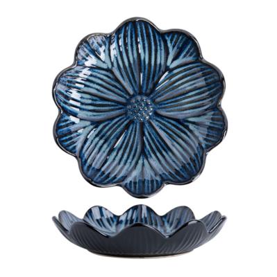 China New Reactive Dishes Flower Relief Design Stocked Glaze By Unique Ceramic Texture 8 Inch Dessert Dish Ruffled Style Serving Plate For for sale