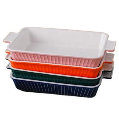 China Sustainable Housewares Wholesale Ceramic Baking Dish Pan Plate Square Rectangle Stoneware Solid Color Bakeware With Handles Bake Dishes Sets for sale