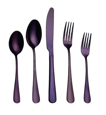 China Sustainable Fashion Purple Polished Stainless Steel Flatware Cutlery Kitchen Utensil 5 Piece Set Include Fork Knife Spoon For Wedding Party for sale