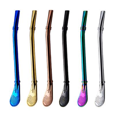 China Viable Reusable Stainless Steel Spoon Drinking Straws With Filter Spoon For Loose Leaf Tea Infuser Barware Sieve Stirring Straws for sale