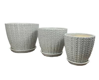 China Modern Personality Planter Mini Plant Pots Drainage Hole Ceramic Pot and Saucer Farmhouse Embossed Rattan Granite Finished for Decorate for sale