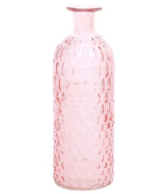 China Modern Simple Style Angled Mini Glass Bud Vases Embossed Pink Flower Vase With Long Robe Cylinder Decorative Glass Bottles Centerpiece For Wedding Reception for sale