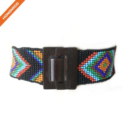 China Multicolor Leisure Belt Women Wedding Beaded Stretch Belt With Big Wooden Buckle for sale