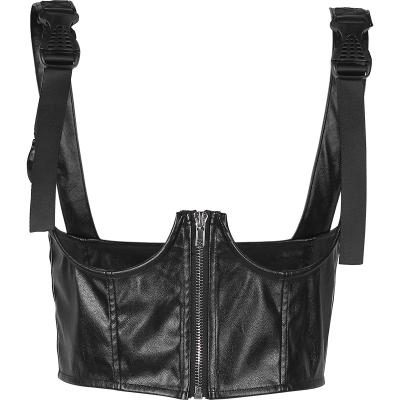 China Cool Women's Anti-Shrink Buckle Strap Underbust Black Zipper PU Leather Corset for sale