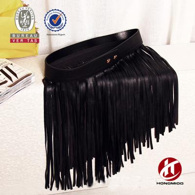 China PU Women's PU Leather and Mesh Patchwork Slim Tassel Dress Fringe Belt for sale