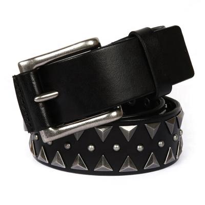 China New Design Rivet Metal Triangle Metal Rivet Leather Belt Men Women Genuine Leather Black Luxury Studded Belts for sale