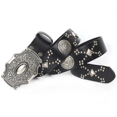 China Rivet Punk Style Belts Classic Vintage Full Grain Leather Metal Plate Rivet Studded Western Buckle Mens Belts for sale