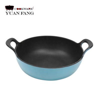 China Sustainable hot selling cookware 26cm wok enamel cast iron casserole pot balti dish with wide loop handles for sale