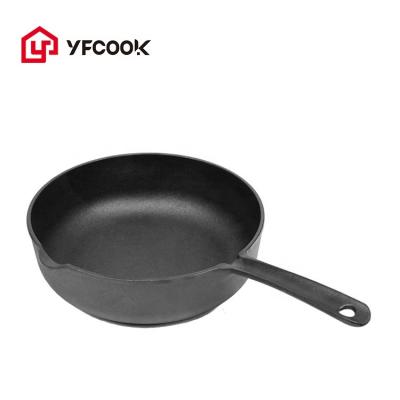 China Sustainable 24 Cm Cast Iron Flat Bottom Korean Wok With A Long Metal Handle for sale