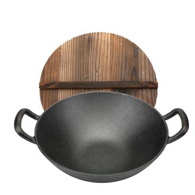 China Viable In China Stock Cast Iron Wok With Wooden Lid Vegetable Oil Large Wok Pan for sale