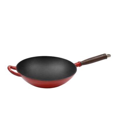 China Sustainable Enamel Cast Iron Wok Pan With Wooden And Helper Handle Chinese Woks for sale