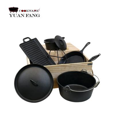 China Sustainable 7 Piece Cast Iron Camping Cookware Set Campfire Cookware Outdoor for sale