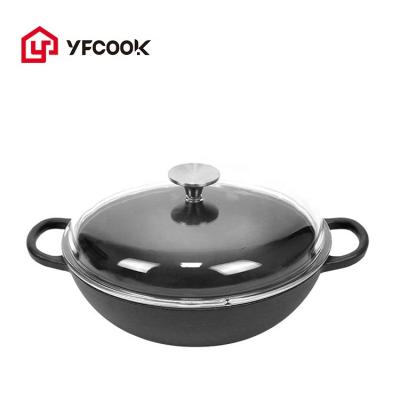 China Cast Iron Wok Set Sustainable Non-Stick Mini Cast Iron Wok With Glass Lid for sale