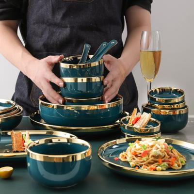 China Viable Wholesale Crokery Bone China Dinnerware Nordic Dark Green Black Fine Ceramic Plates Dinnerware Dinner Set for sale