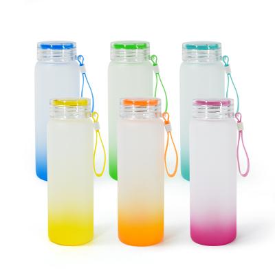 China Viable Wholesale DIY Sublimation Blanks Design Wide Mouth Borosilicate Custom Gradient Glass Drinking Water Bottle With Plastic Lid for sale