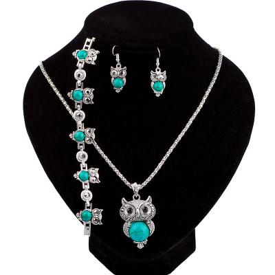 China Cheap Wholesale Accessories Turquoise Owl Necklace Earrings And Bracelet Jewelry Set for sale