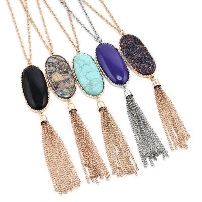 China Color Oval Geometric Pendant Necklace Tassel Long Fashion Resin Sweater Chain for sale