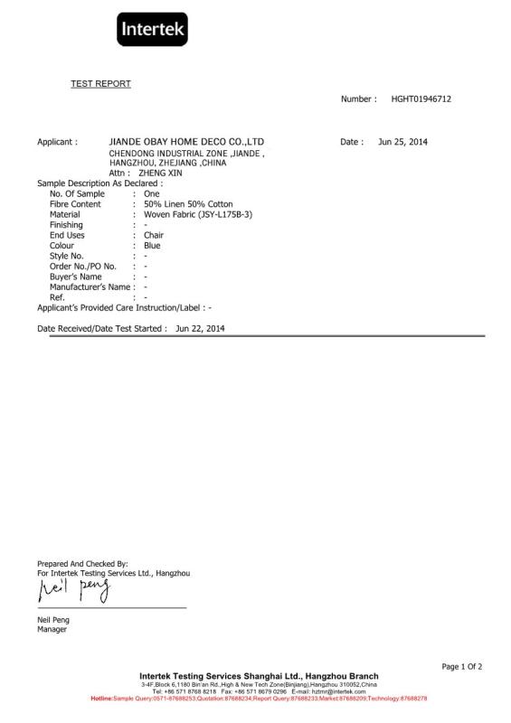 Intertek TEST REPORT - Hangzhou Olay Furniture Co., Ltd.