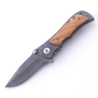 China Open Top Pattern Open Cover Outdoor Wood Handle Laser Slide Vending Knife Portable Hunting Pocket Knife for sale