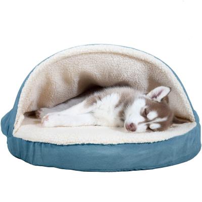 China Sustainable Snuggery Round Orthopedic Blanket Burrowing Convertible Hood Dog Bed Cave For Dogs for sale