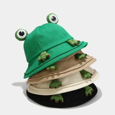 China Wholesale unisex street style custom made frog with ear eyes cotton travel solid outdoor flat brim kids fisherman bucket hat wide hats for sale