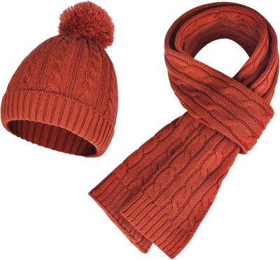 China Character Women Tan Ribbed Patch Faux Fur Pom Pom Custom Leather Satin Lined Skullcap Scarf Set for sale