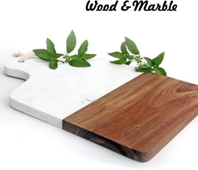 China Industrial cutting board with marble and natural wood, serving board for steak fruits with handle, chopper for bread as serving trays for sale