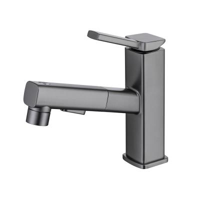 China Pull Out Spray Bathroom Lavatory Brushed Gun Grey Single Handle Faucet with Pull Out Basin Sink Mixer Tap for sale