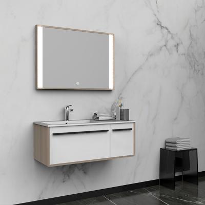 China Modern Hotel Floating Solid Wood Washroom Cabinet Wall Mounted Bathroom Cabinet Set with LED Vanity Mirror for sale