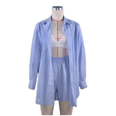 China QUICK DRY Women's Lounge Home Wear Stripe Long Sleeve Shirt Tops and High Waisted Loose Mini Shorts Two Piece Pajamas Set for sale