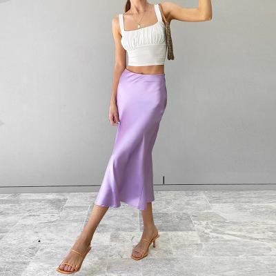 China 2020 New Elegant Office Ladies Satin Skirt Women High Waisted Anti-Static Solid Purple Silk Long Skirt Summer Skirts Midi for sale