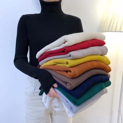 China Wholesale White Slim Fit Anti-wrinkle Sweater Polyester Striped Long Sleeve White Turtle Neck Sweater Winter Women Sweater Tops for sale