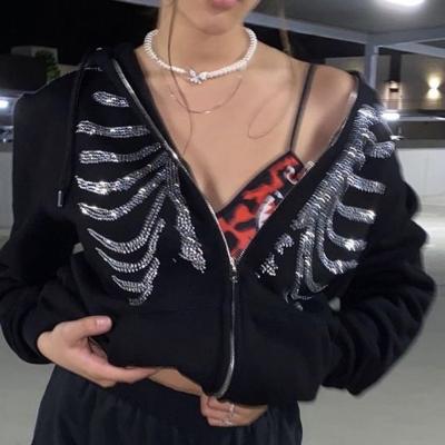 China Anti-wrinkle Customize Diamond Skull Full Zipper Up Female Rhinestone Cardigan Ladies Y2K Skeleton Hoodie For Women for sale