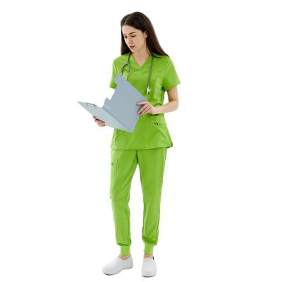 China Anti-wrinkle v-neck fashionable medical hospital short sleeve jogger pants pockets new style female scrubs suit à venda