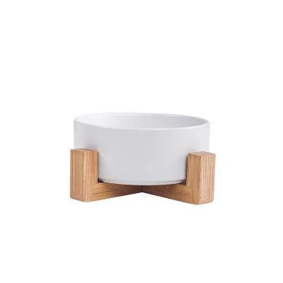 China Sustainable Wholesale Dog Food Water Bowl Set Puppy Ceramic Pet Dog Bowl with Wood Stand Non-Slip White Pet Bowls Dog and Cat for sale