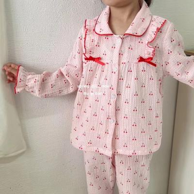 China Breathable Cherry Printed Girls Pajamas Ultra Soft 100% Cotton Children Sleepwear With Handmade Butterfly Decoration for sale