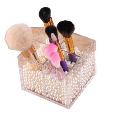 China Sustainable Clear Acrylic Makeup Brush Organizer 4 Slots Box Holder With Pearl Custom for sale