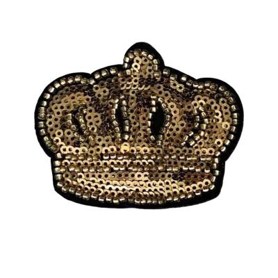 China 2021 New Crown Sequin Embroidery Patch Garment Decoration Embroidery Cloth Iron Gold Patch Customized Viable Design for sale